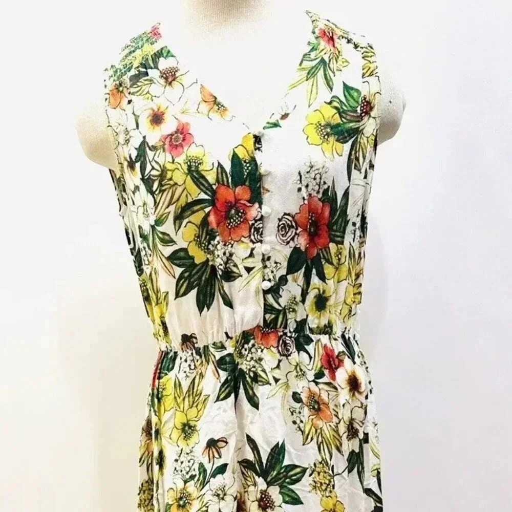 ECI Women Sleeveless Full Length Floral Multi-Colored Loose Fit Dress Size Small